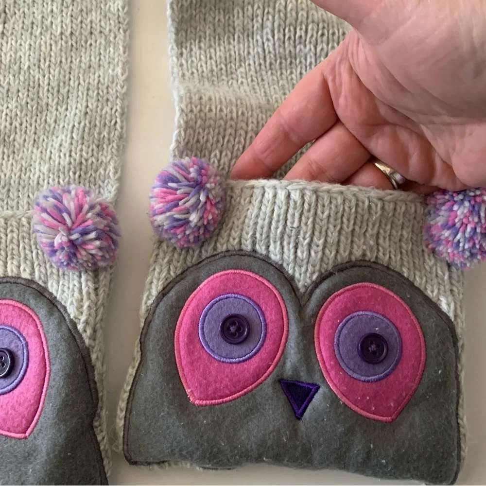 Kids Knit Owl Beanie Hat With Matching Pocket Scarf Gray and Pink